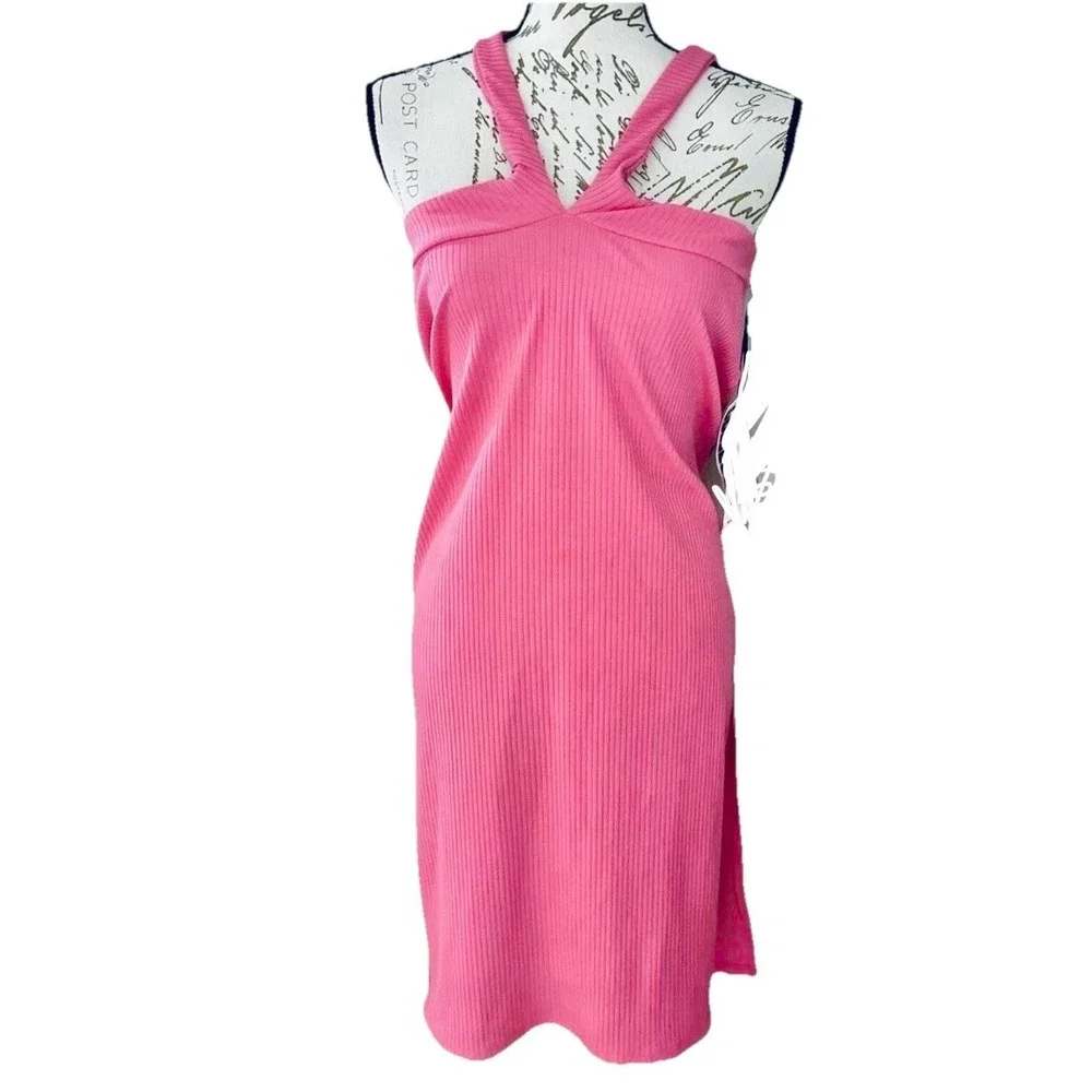 Future Collective Ribbed‎ Halter Midi Dress Pink Size Large NWT Bodycon